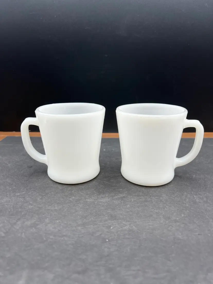 #972B Pair Of Vintage White Milk Glass Fireking D Handle Coffee Cups