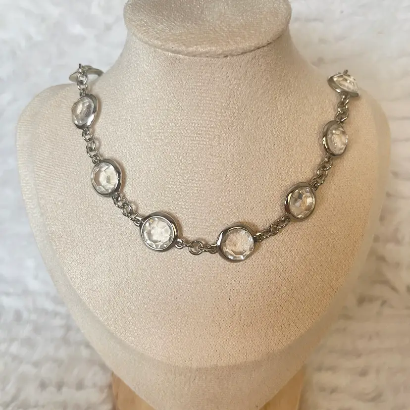 Banana Republic Silver Tone Clear Rivoli Station Necklace 28”-30” Adjustable