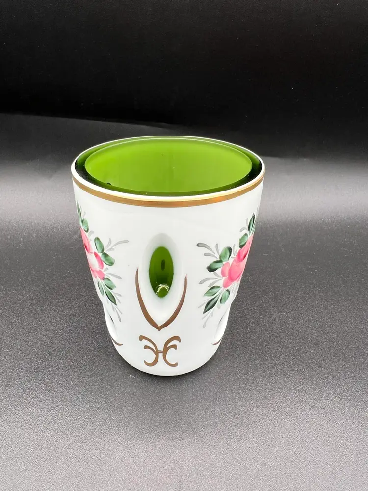 Antique Cut To Clear Encased Glass Handpainted Flowers Moser Bohemian Tumbler 3.5”