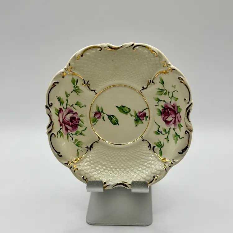 Vintage Porcelain Rose Pattern Trinket Dish Saucer, Hand Painted With Gold Accents, Scalloped Edges, Collectible Display, By Stafford China, Made In England