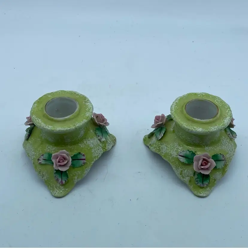 #3401 Pair Porcelain Green Candle holders with pink Applied Flowers Japan