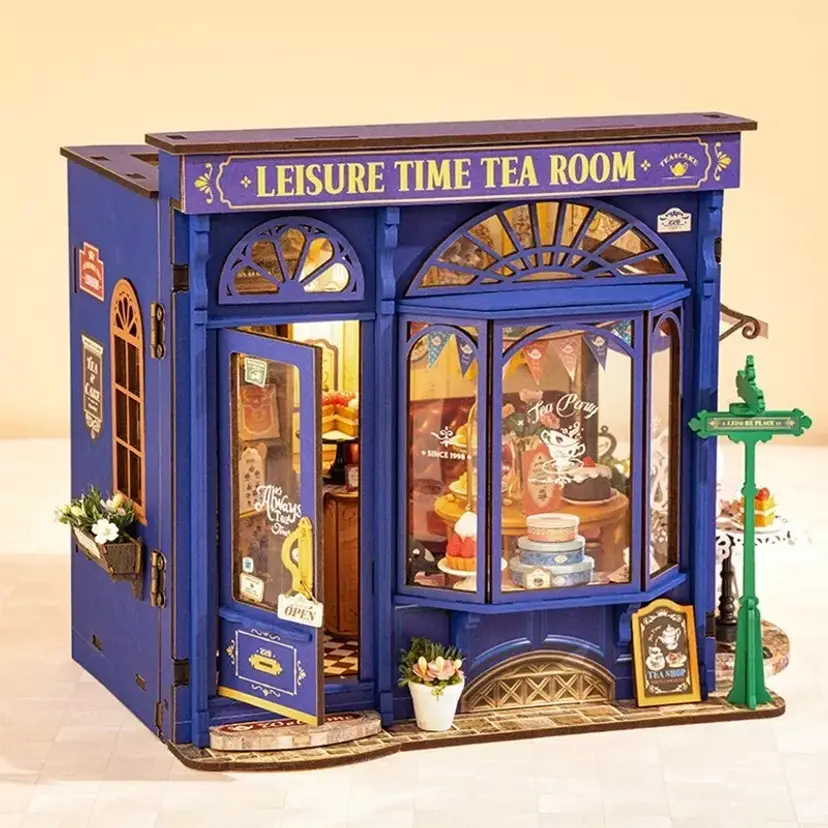 ROBOTIME DIY Miniature Dollhouse Kit - Tea Room With LED Lights And Furniture, Wooden Model Building Set For Adults And Kids, Creative Gift For Leisure Time