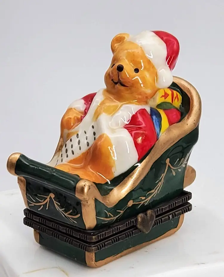 Teddy Bear Santa Porcelain Trinket Box Christmas