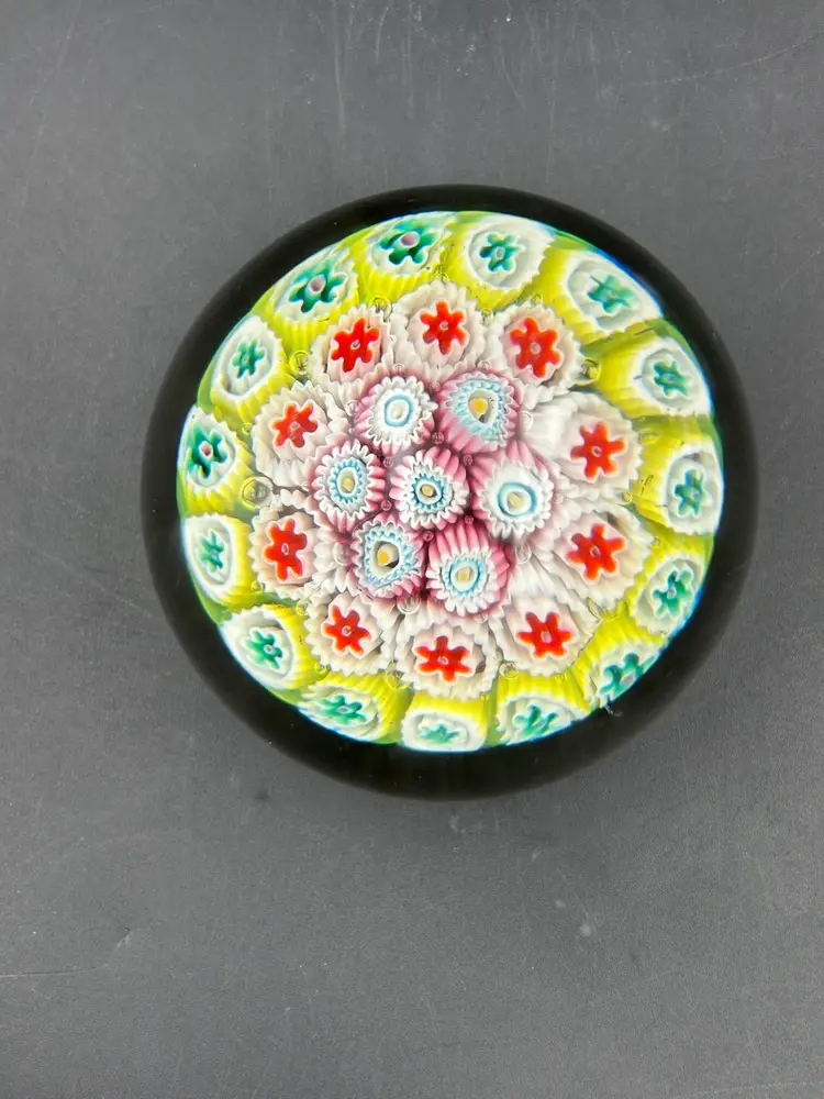 Millefiori Glass Paperweight Pink Green White Clear Bottom
