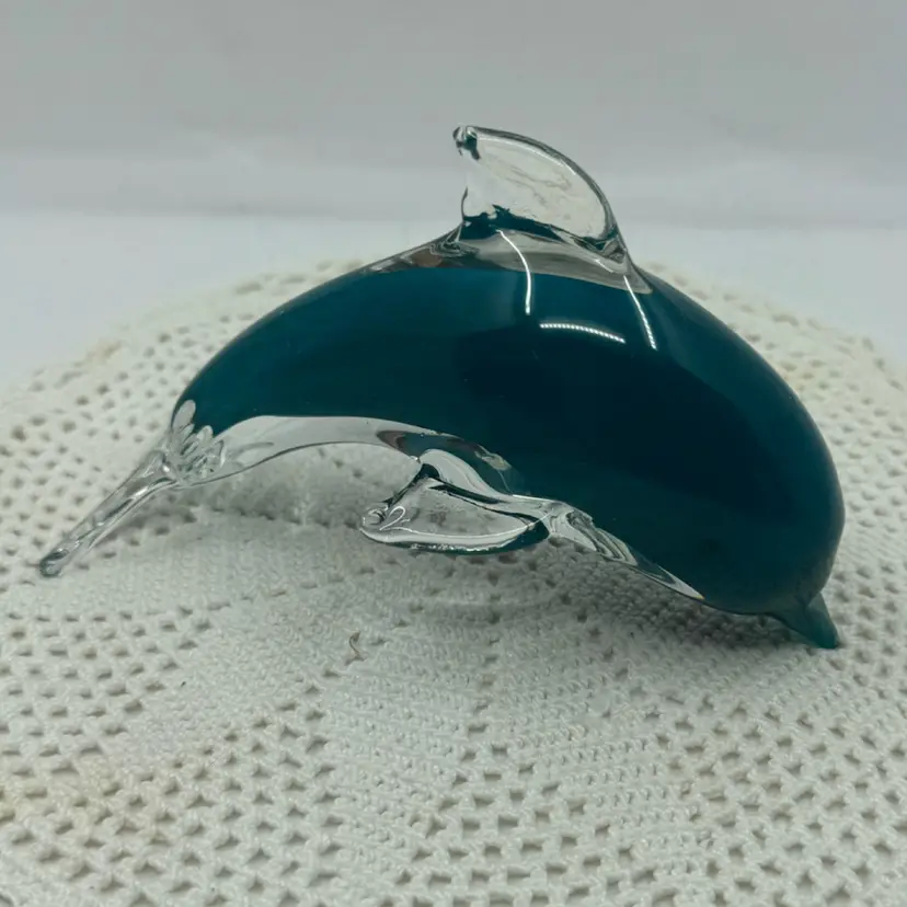 Clear And Teal Glass Dolphin With Arched Back