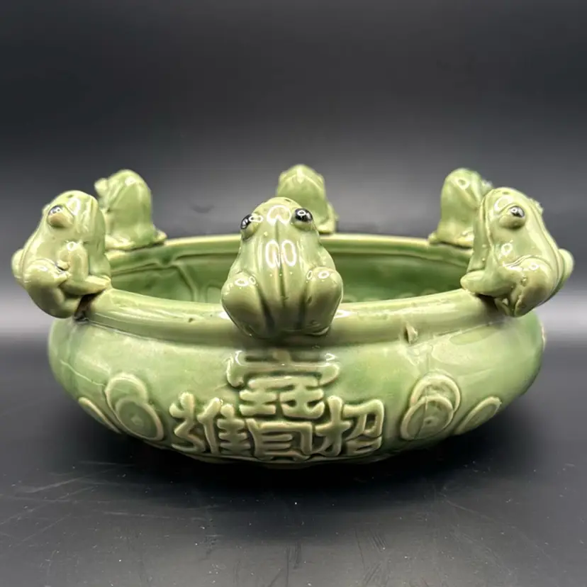 Vintage 6-Frogs Perched Majolica-Style Glazed Round Ceramic Plantar Bowl 6.5”x3.5”