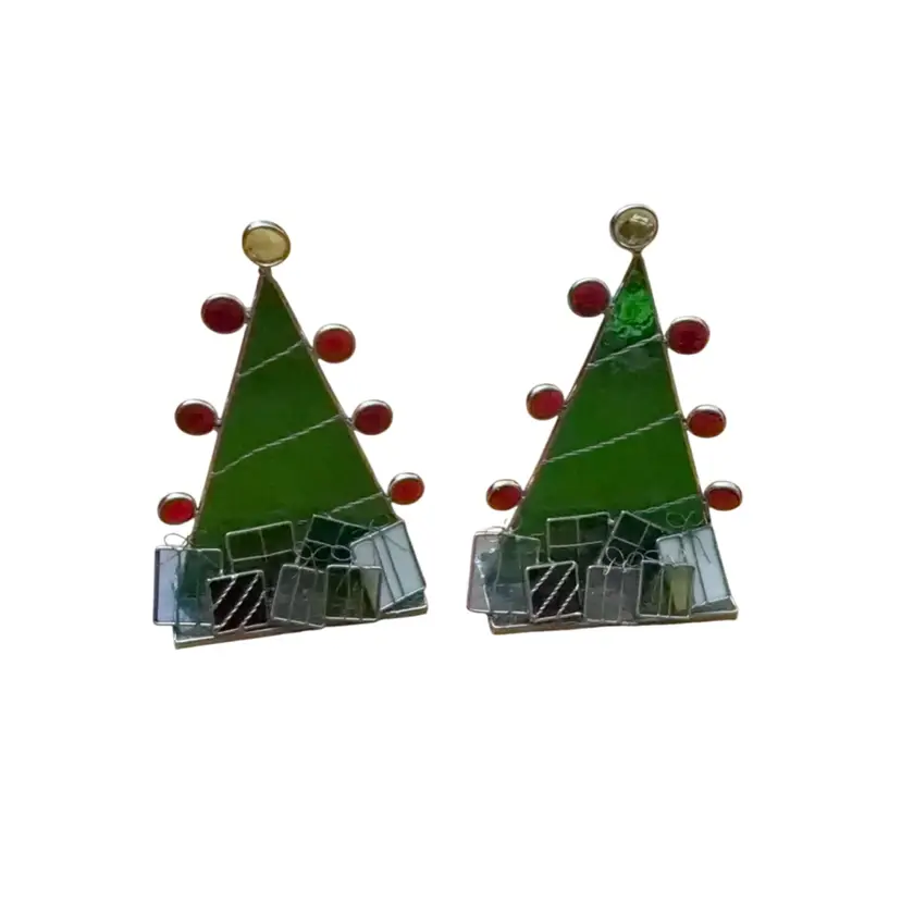 Vintage Stained Glass Christmas Trees (pair) With Gifts Candleholder Suncatcher