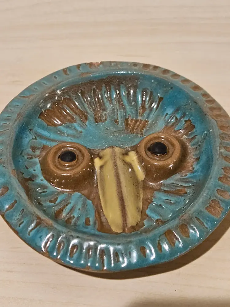 Trinket Dish Decorative Ceramic Owl Bird Face Blue Handmade Round Unique