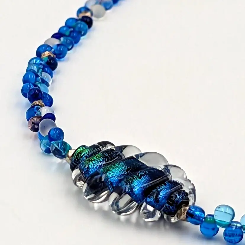 Blue Art Glass Sterling Silver Necklace Beaded Vintage Swirl Dichroic Main Bead