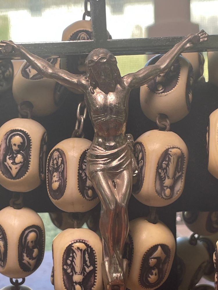 Giant Fatima Rosary Beads 8" Crucifix Approximately 60" Beads Carved Resin 1"