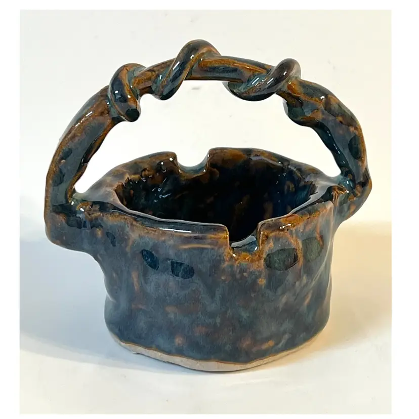 Handmade Studio Art Pottery Ceramic Blue Brown Ashtray Trinket Round Dish with Handle 3.5 in Height