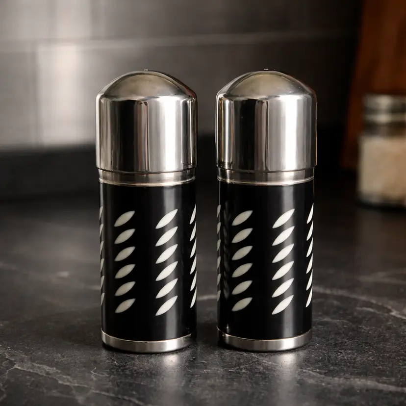 Vintage Salt & Pepper Shakers w/ Decorative Black and White Inlay Pattern, 3.5"