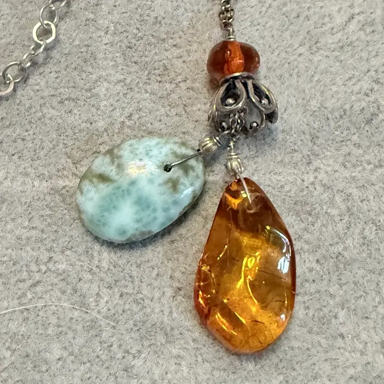 Larimar & Dominican Amber .925 Sterling G Silver Lariat Necklace 16” With 2.25” Extender