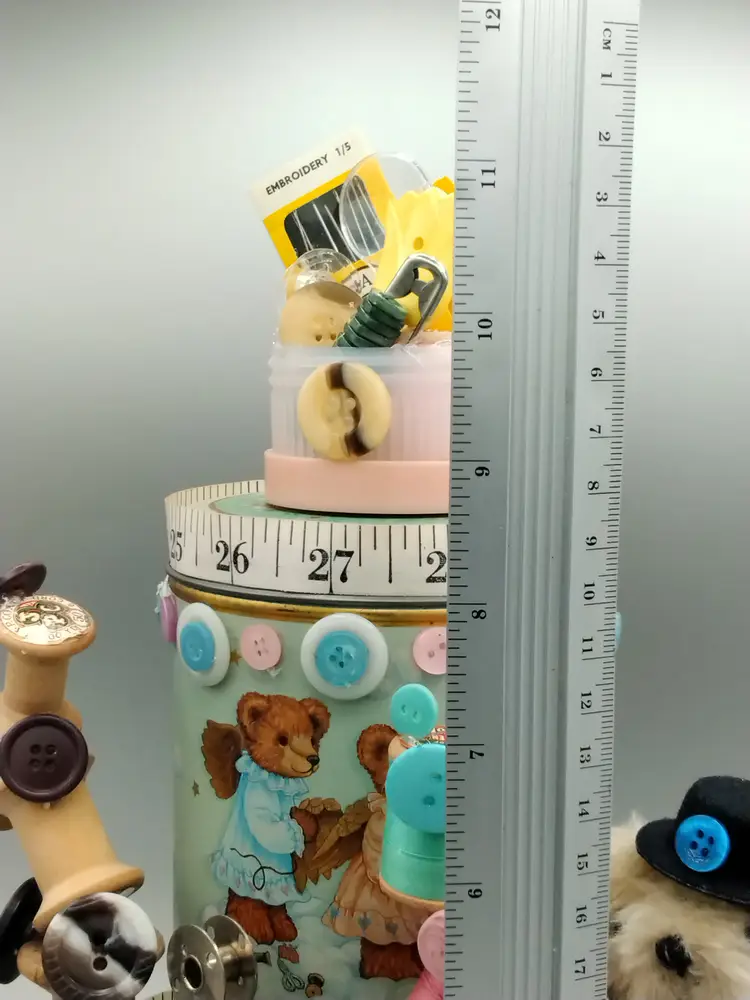 Sewing Essamblage, Whimsical double tin tiered sewing themed Essamblage