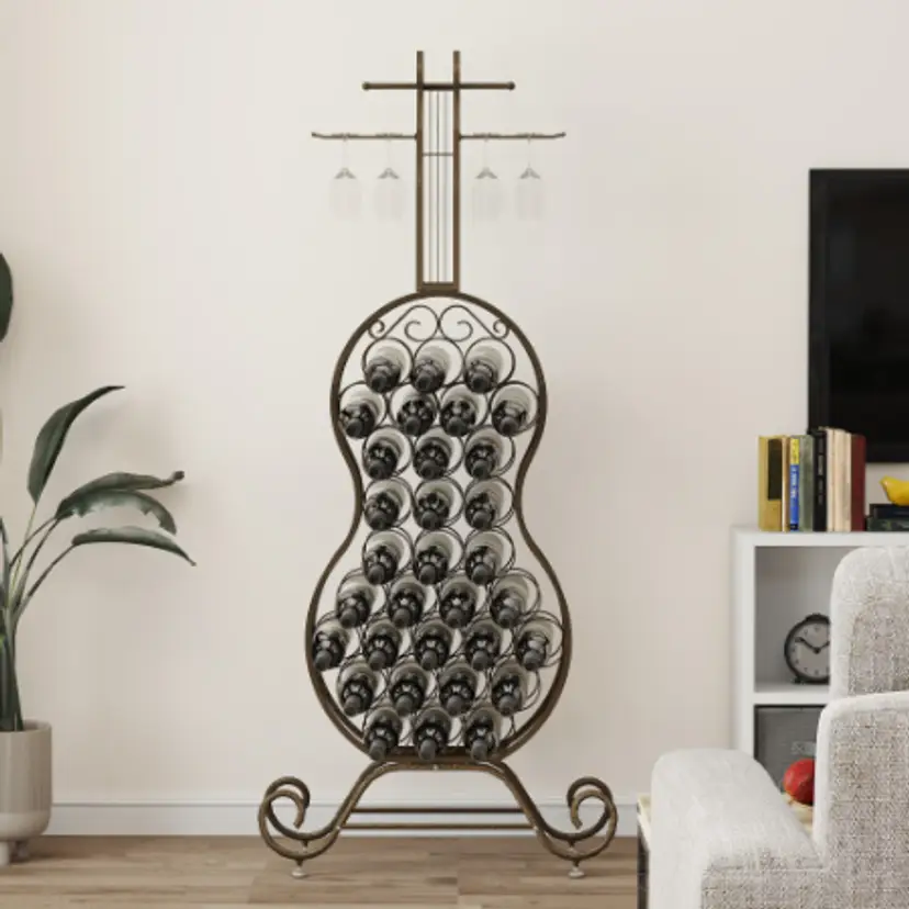 Cello-Shaped Wine Bakers Rack, Freestanding Wine Rack with Bottle Storage for Kitchen, Dining Room & Home Bar