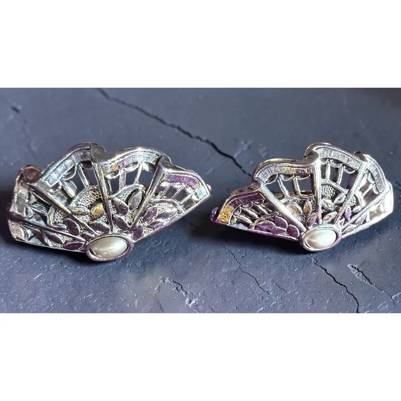 Vintage Coro Silver Tone Faux Pearl Wing Fan Clip On Earrings