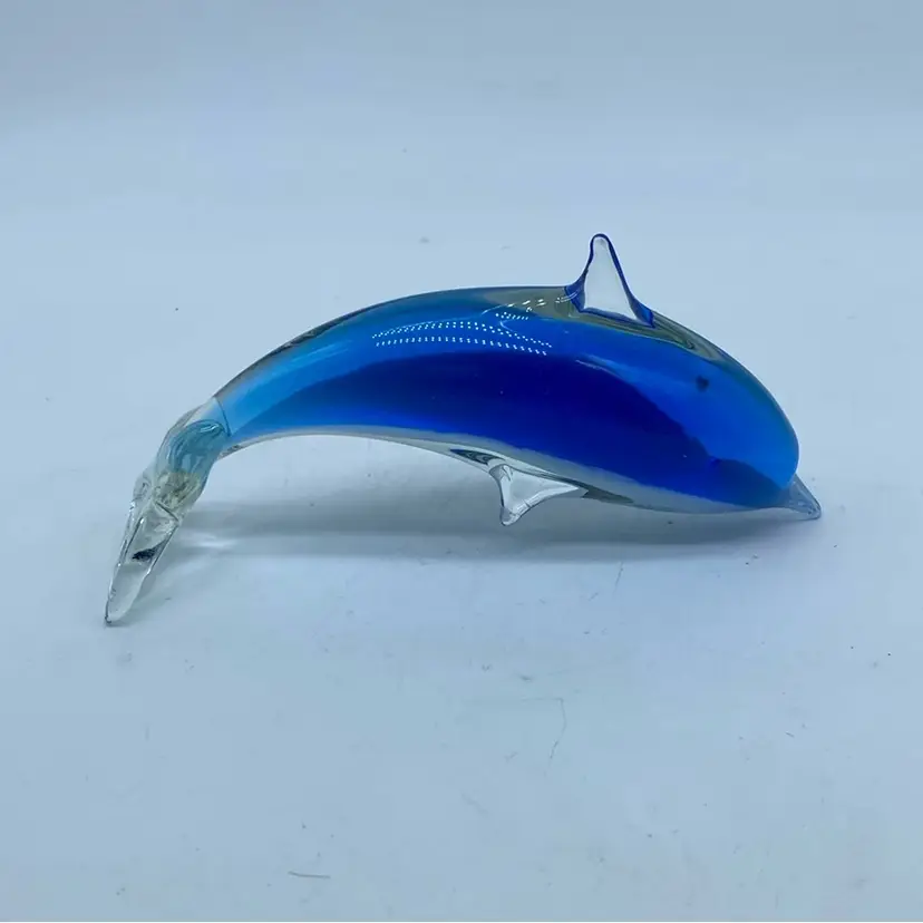 #0222 A blue art glass dolphin figurine with a clear tail With White Belly.