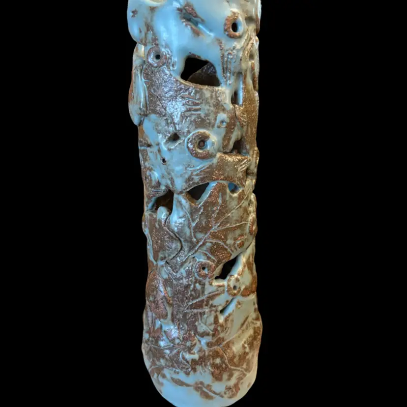 Unique Pottery Blue And Brown Vase With Leaves And Fish Design