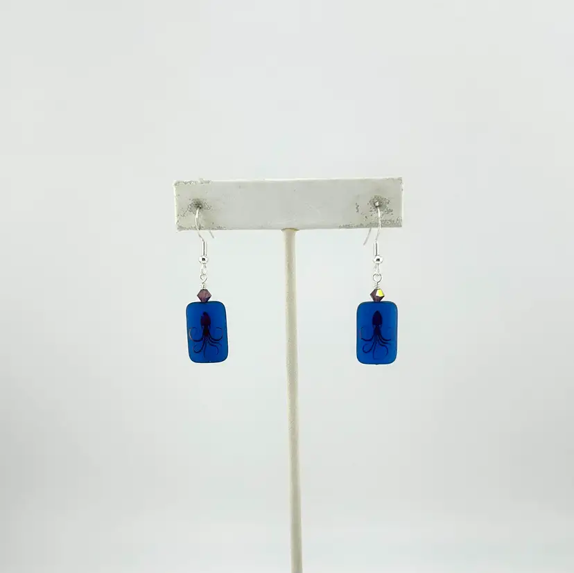 Silver Tone Laser Tattooed Czech Glass Octopus Pierced Earrings 1.75”