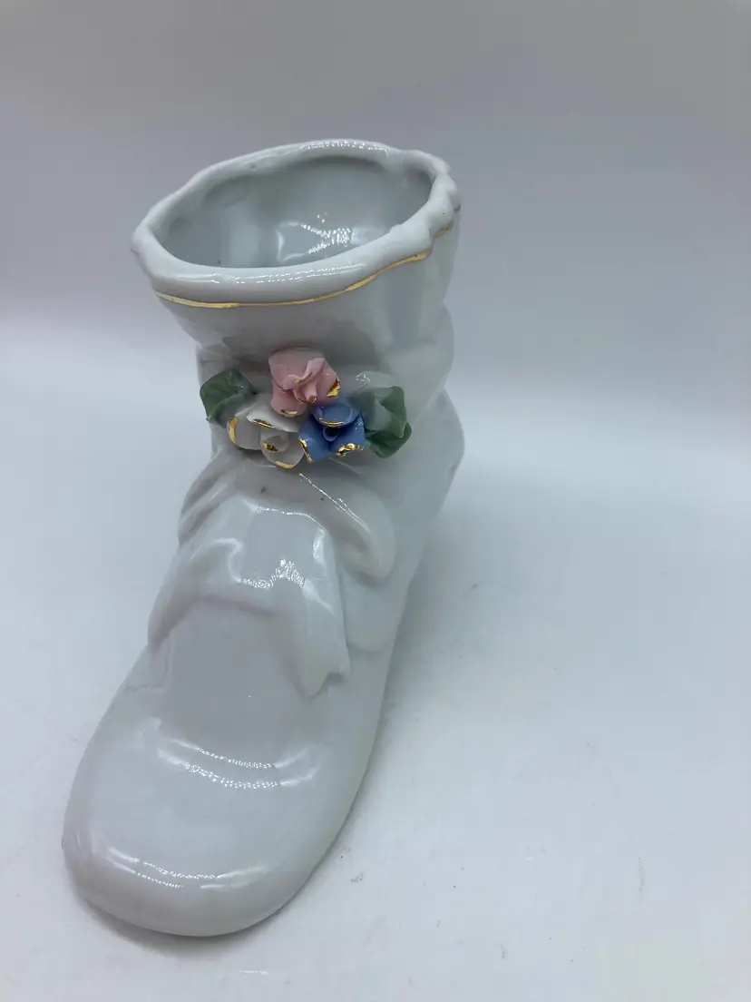 Vintage Victorian Style Porcelain Boot Hand Painted Vase