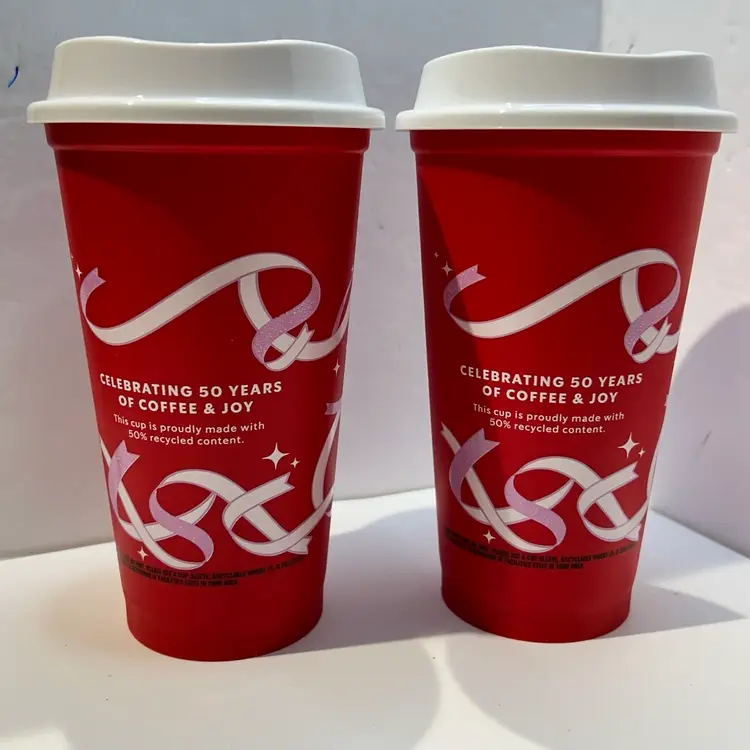 Starbucks 2013 Red Plastic Reusable Cup 50 Years of Coffee 16 Oz Set If 2