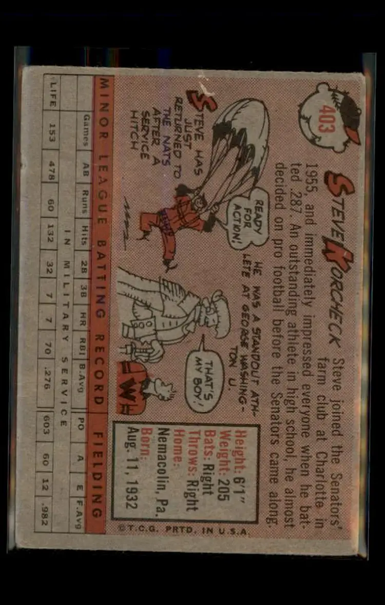 1958 Topps #403 Steve Korcheck - (pk4) - Washington Senators