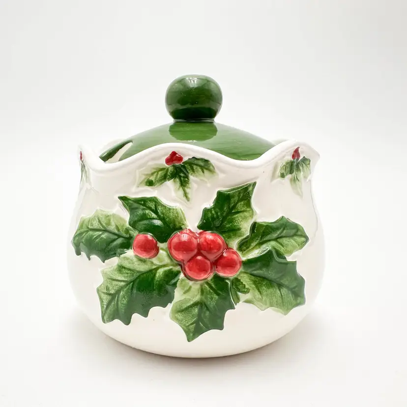 Mary Ann Baker Otagiri Holly Berries Sugar Bowl Ceramic 3.5"H 3.5"D B25