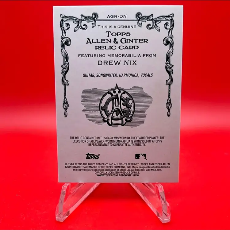 Drew Nix 2025 Topps Allen & Ginter Orange Filagree Relic Card 9/25 Musician