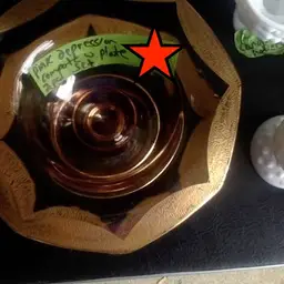 Pink Depression Glass Compote and Matching Plate with gold scalloped trim.  $35