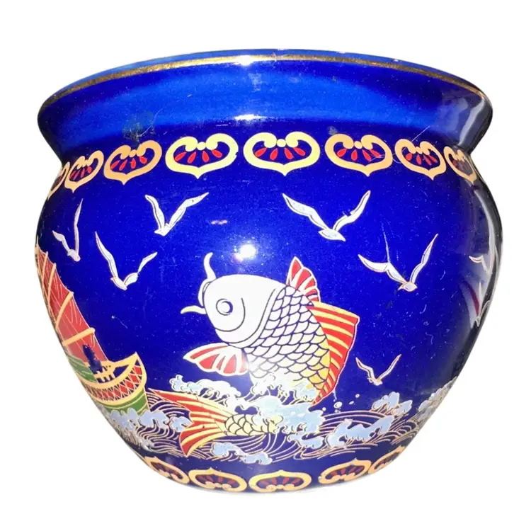Vintage Chinese Satsuma-Style Porcelain Planter - Bowl Fish Ships Birds “As is” 3 3/4”T X 5”Diam.