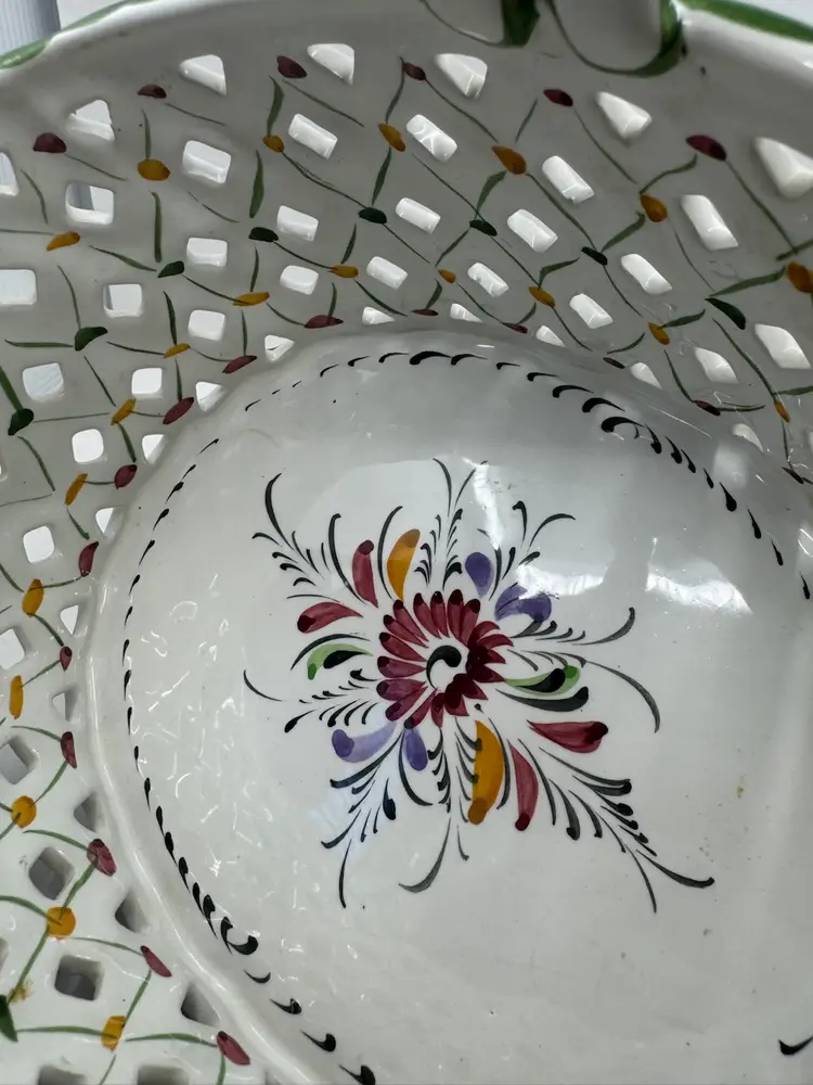 Vintage hand-painted Portuguese ceramic pierced basket with florals