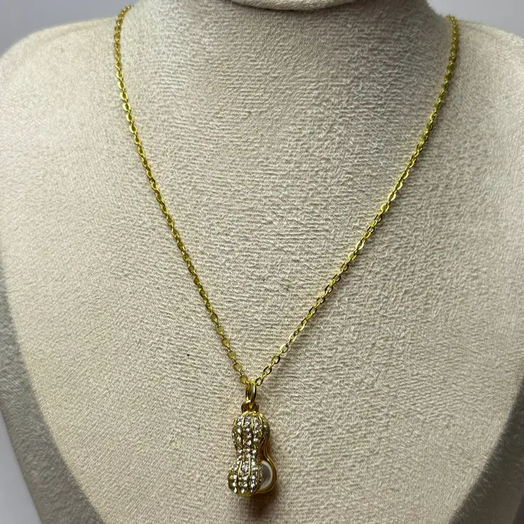 Gold Tone 20" Peanut Shell Pendant Necklace Rhinestones Faux Pearls Unusual