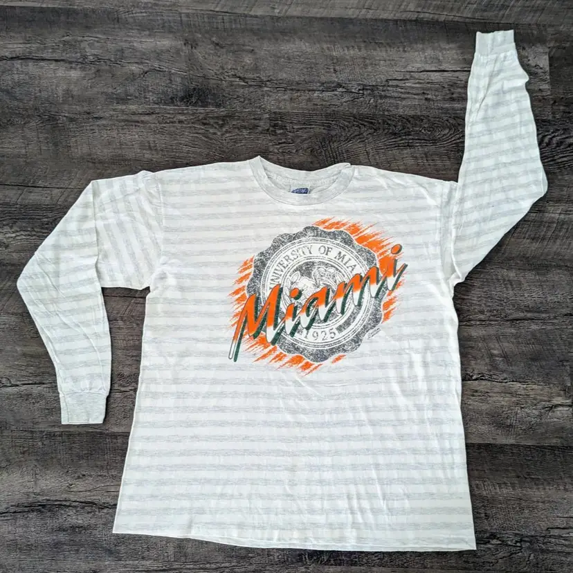 Miami Hurricanes Long Sleeve Tee Single Stitch Made in USA Size XL Vintage AOP From 90s