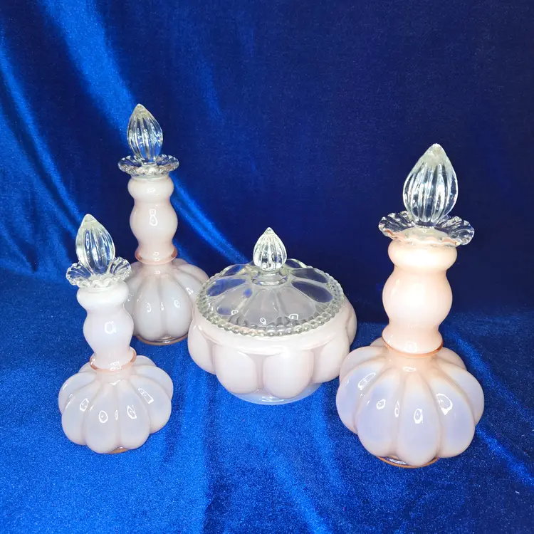 Fenton Rose Overlay Cased Melon Vanity Set Vintage 1940's Ribbed Stoppers 4 pcs