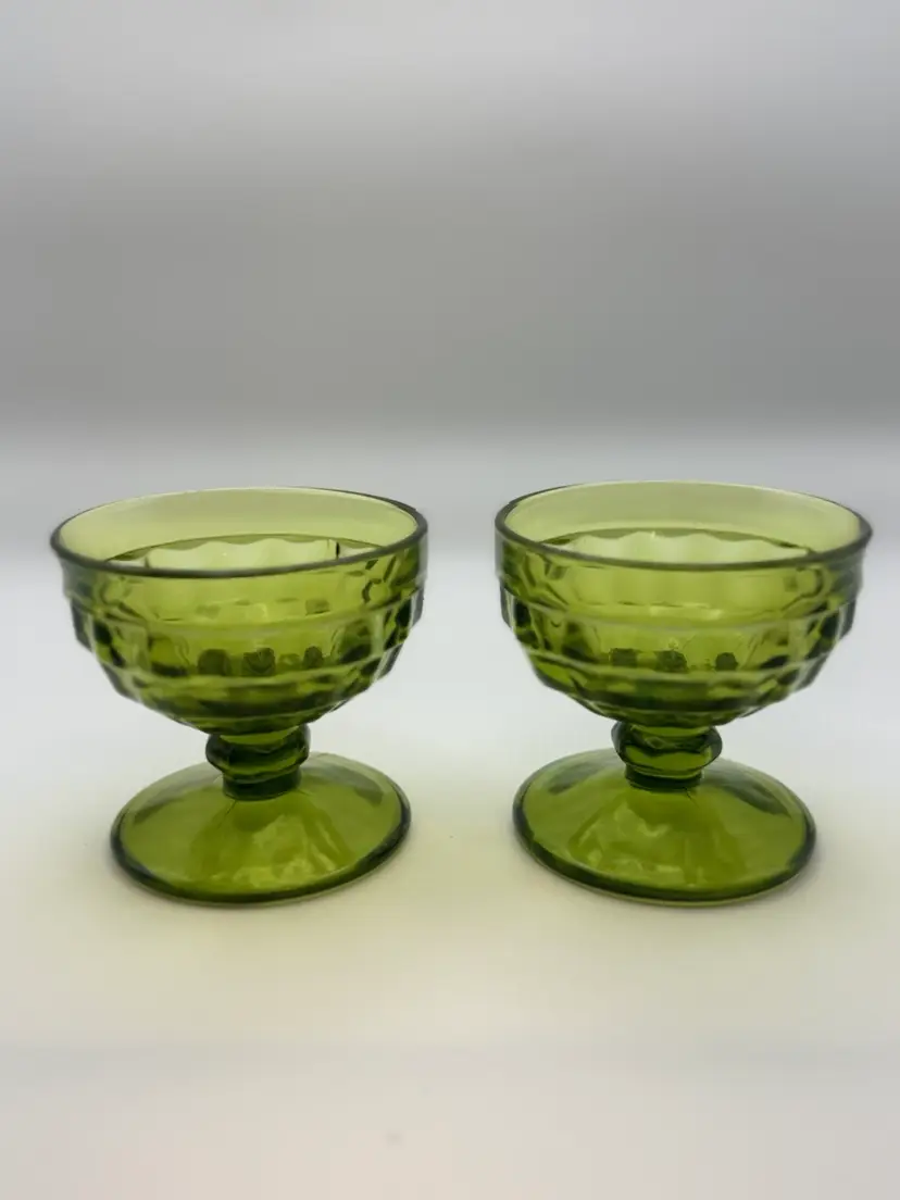 Set Of 2 Indiana Whitehall Colony Avocado Green Footed Sherbet Cups 3.5”