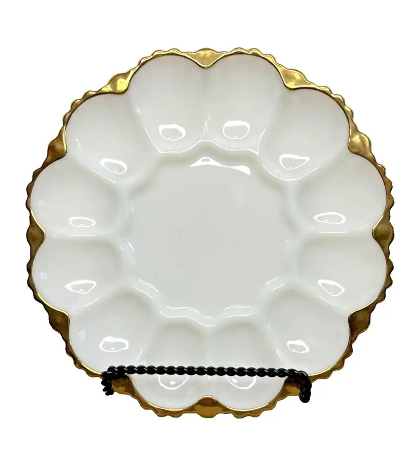 Anchor Hocking 1950s Fire King Milk Glass Deviled Egg
Plate 22K Gold Trim
