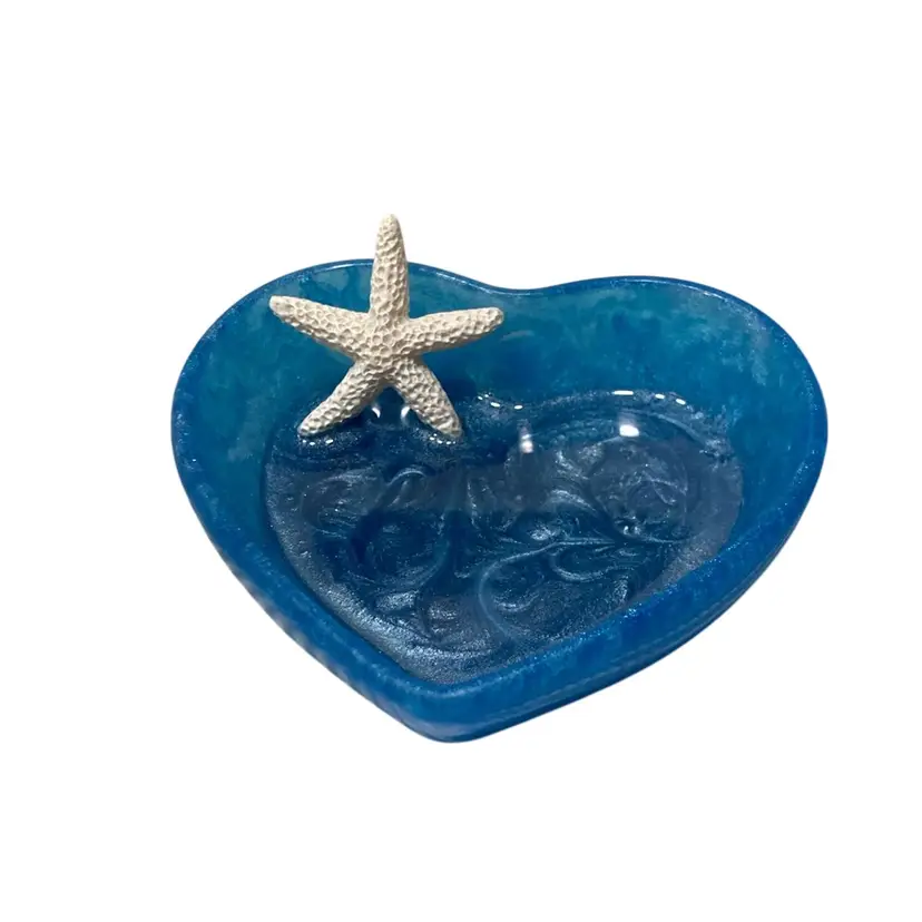 Blue Ocean Theme Heart Shaped Ring Holder With Starfish