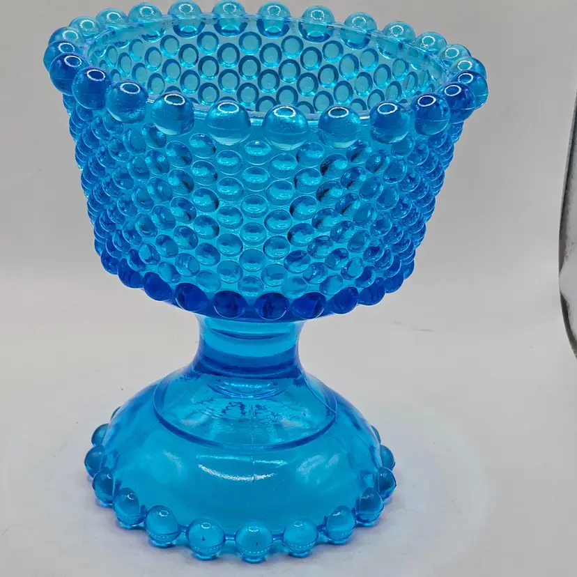 Hobnail Blue Glass Pedestal Vintage Bowl Thousand Eye Design 6"