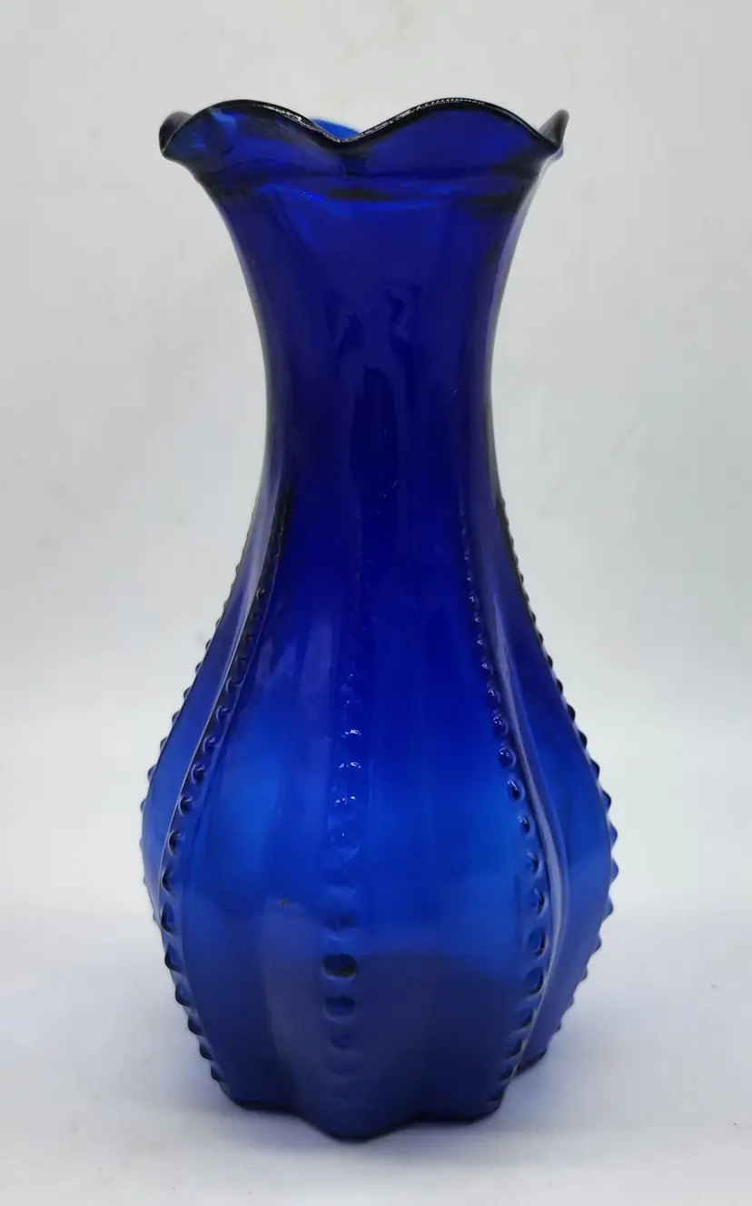 Vintage Made in USA Cobalt Blue Hobnail Trim Ruffled Edge 7" Bouquet Glass Vase