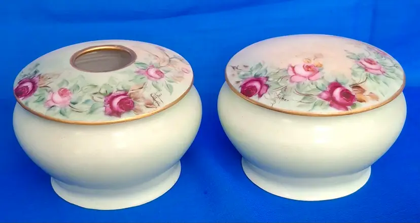 Antique Weimar Hand-Painted Porcelain Powder Jar & Hair Receiver Set
