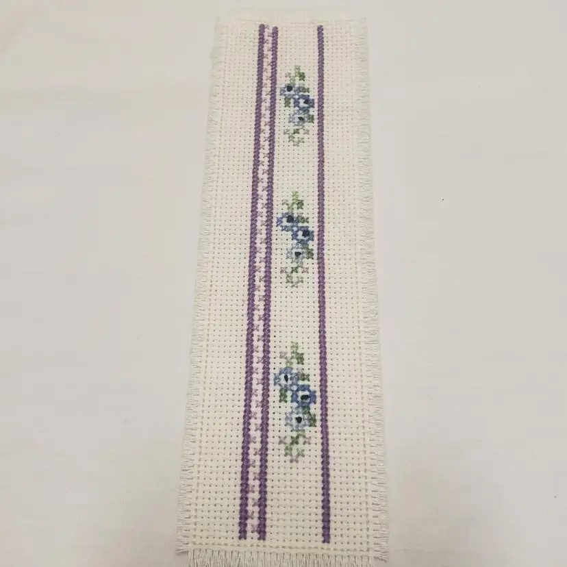 New Cross-stitched Bookmark Blue Flowers With Purple Border