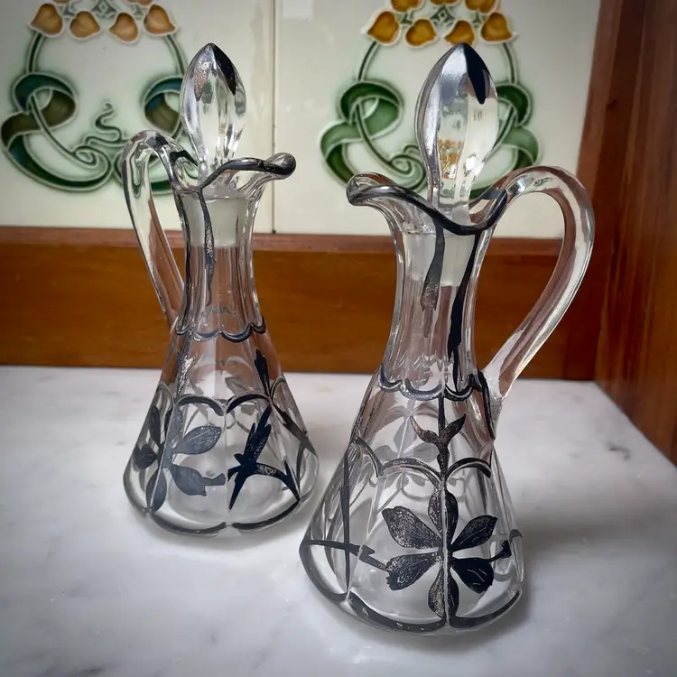Antique Silver Overlay Glass Oil Vinegar Cruet Set w Stoppers Flowers Floral Design 6.5"