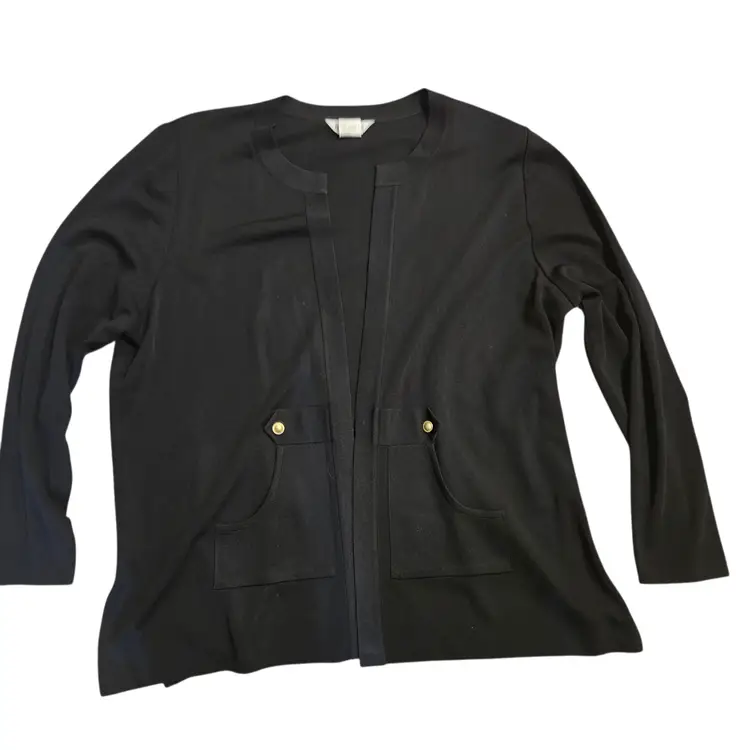Exclusively Misook Woman Size 2X Black Open Front Cardigan Basic Gold Buttons