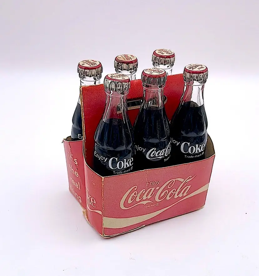 Vintage Coca Cola, 6 Miniature Glass Bottles, Metal Caps, Paper Carton