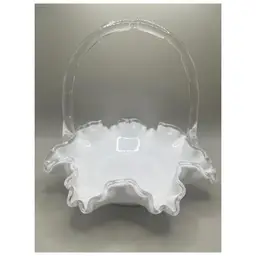 #03 Vintage Fenton Silver Crest Milk Glass Basket Ruffled Edges and Clear Handle ~ Elegant Home Decor ~ 7.25 inches Tall