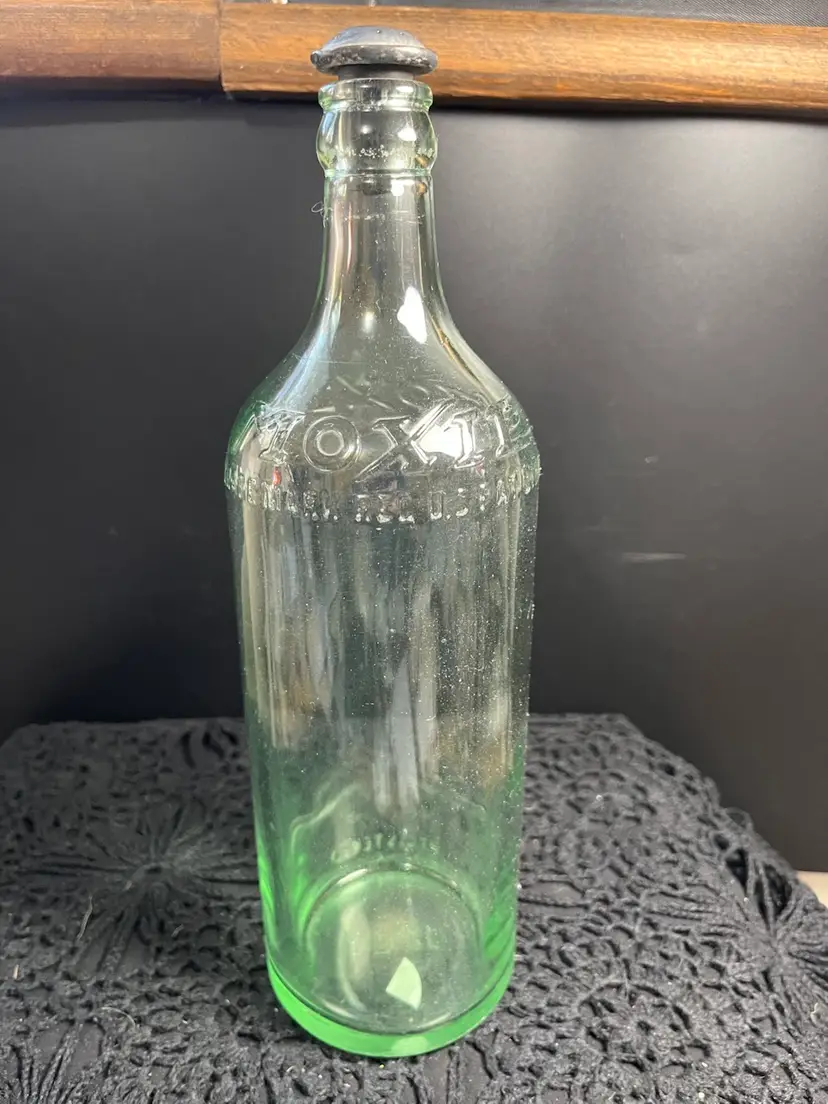 Light Green Moxie Bottle w/ Metal Sprinkler Top-Rubber stopper-for sprinkling laundry prior to ironing