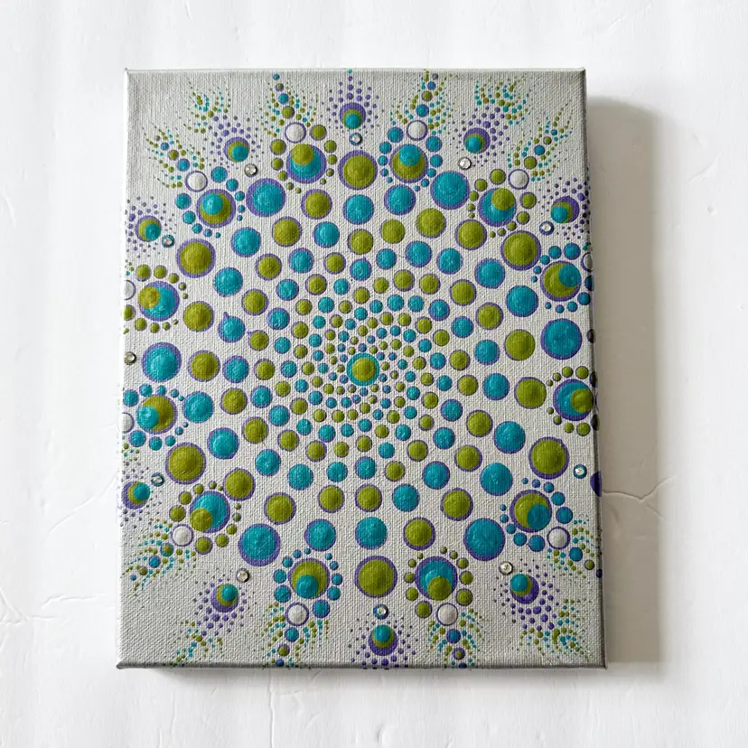 Dot Mandala Acrylic Painting Silver Blue Green Purple Spiral Pattern