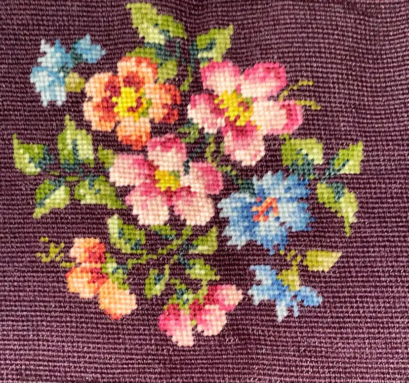 Vintage Floral Needlepoint Chair Cover or Pillow Cover Plum Color