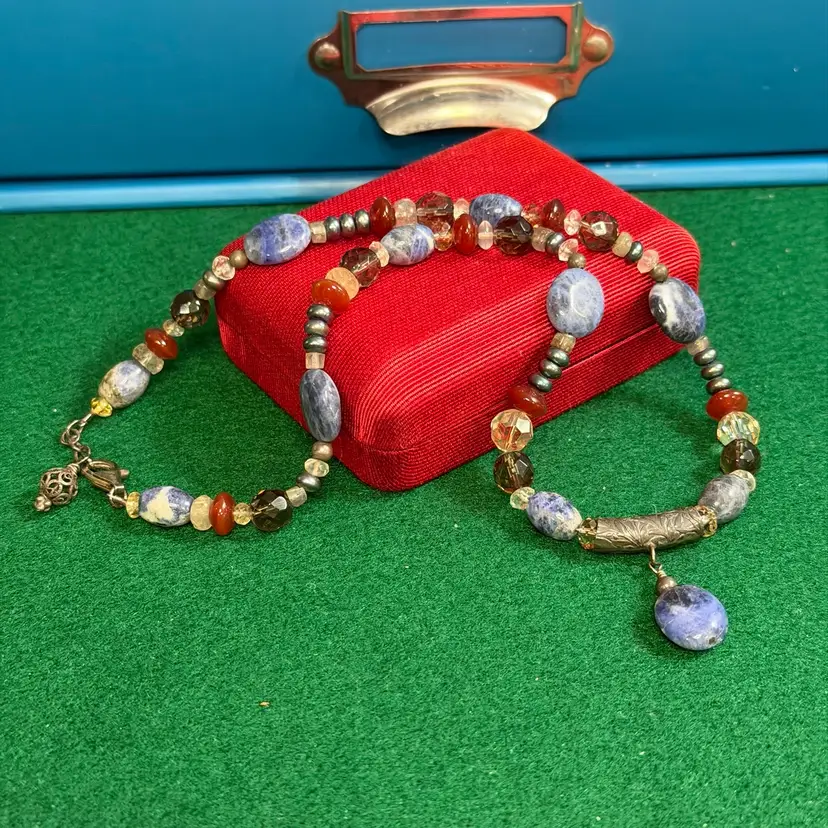 Sterling Glass & Blue Stone Beaded Necklace Adjustable