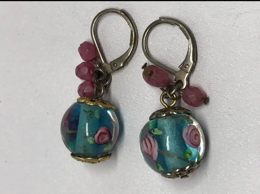 Artisan Made Glass Beaded with Roses Earrings